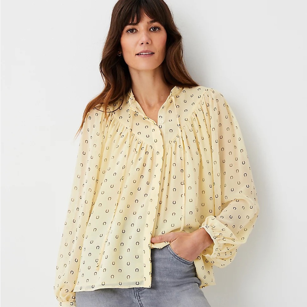 Ann Taylor Horseshoe V-Yoke Tie Neck Blouse XL